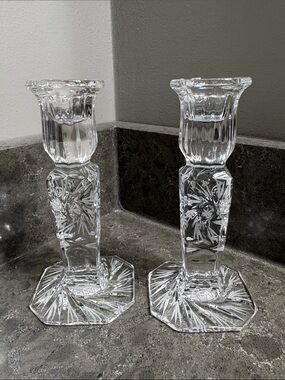 Pinwheel Clear Glass Candlestick Pair